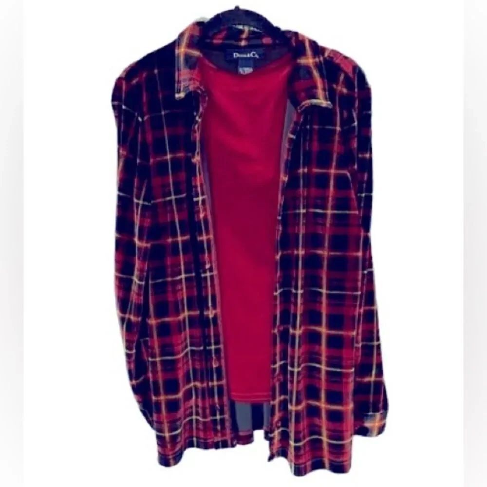 Denim & Co vintage 2 piece plaid, velvet button-down shirt, and tank /XS